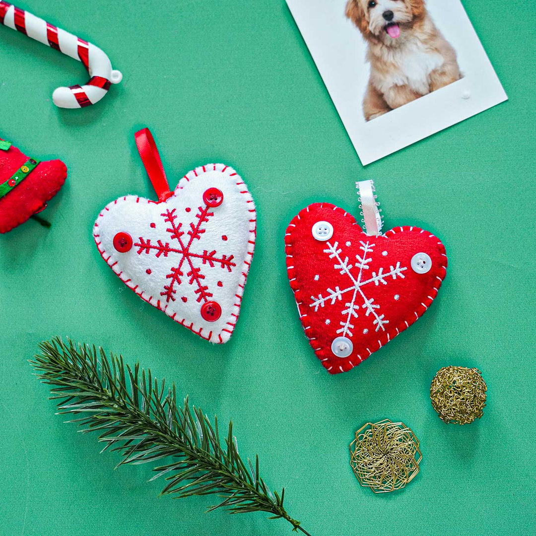 Handmade Heart White And Red Cotton Ornaments For Christmas Tree Decoration | Set Of 2