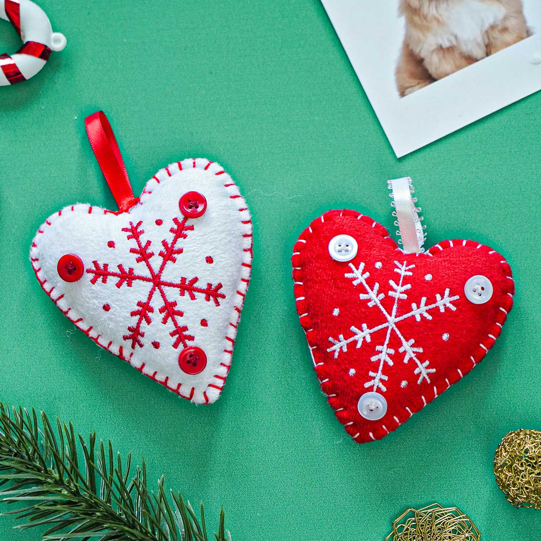 Handmade Heart White And Red Cotton Ornaments For Christmas Tree Decoration | Set Of 2