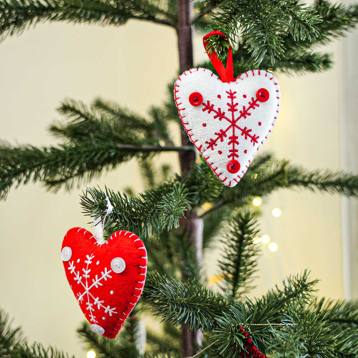 Handmade Heart White And Red Cotton Ornaments For Christmas Tree Decoration | Set Of 2