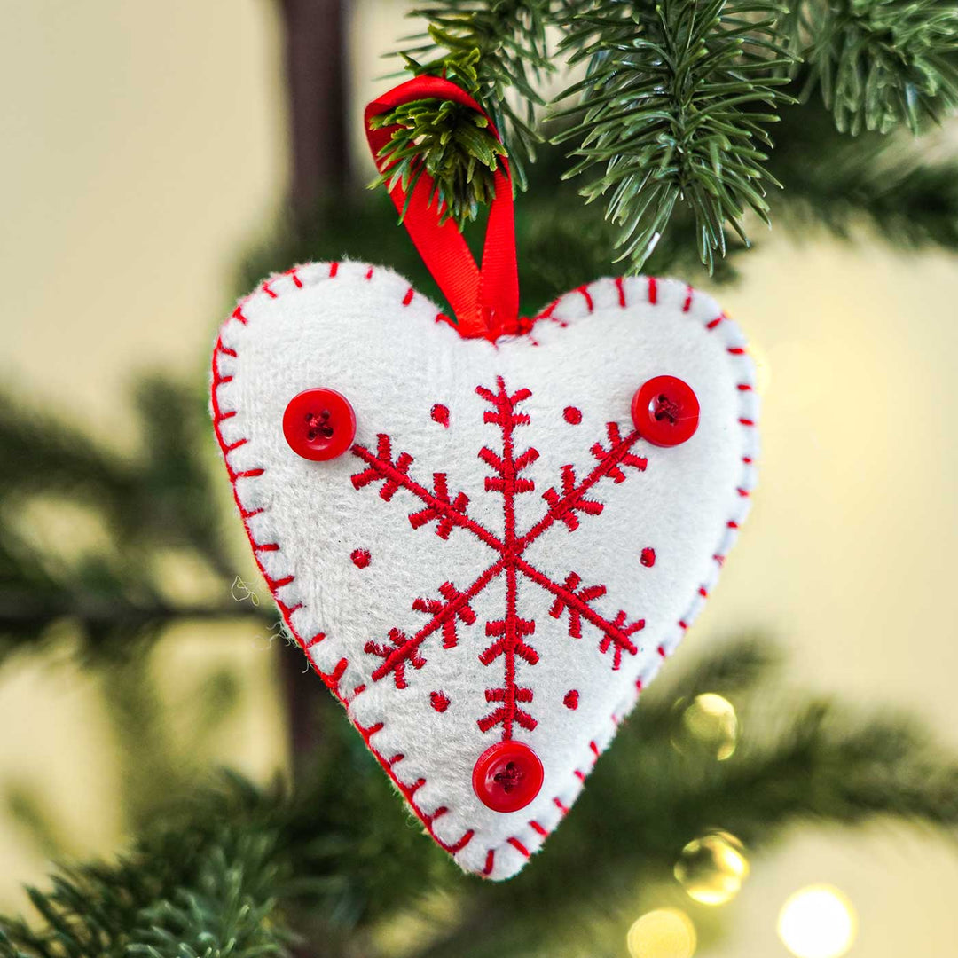 Handmade Heart White And Red Cotton Ornaments For Christmas Tree Decoration | Set Of 2