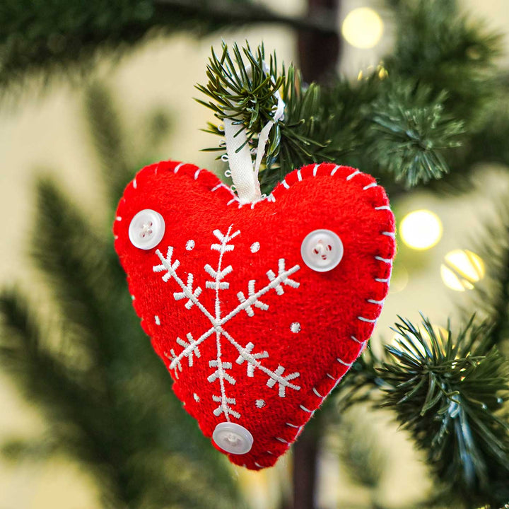 Handmade Heart White And Red Cotton Ornaments For Christmas Tree Decoration | Set Of 2