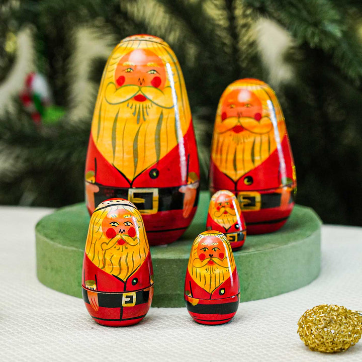 Handmade Nesting Santa Wooden Figurine For Christmas Decoration | Set Of 5