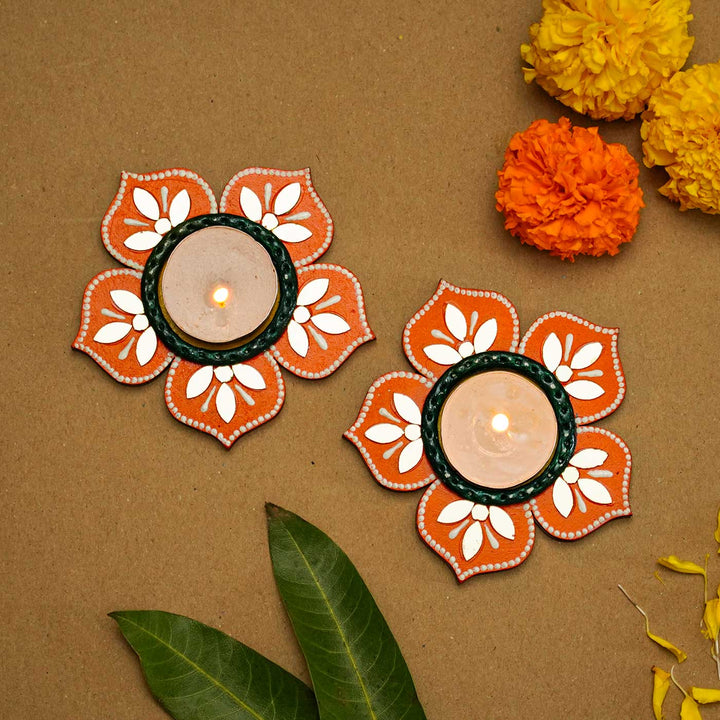 Handmade Orange 5 Petal Mdf Wood Tealight Holder | Set of 2