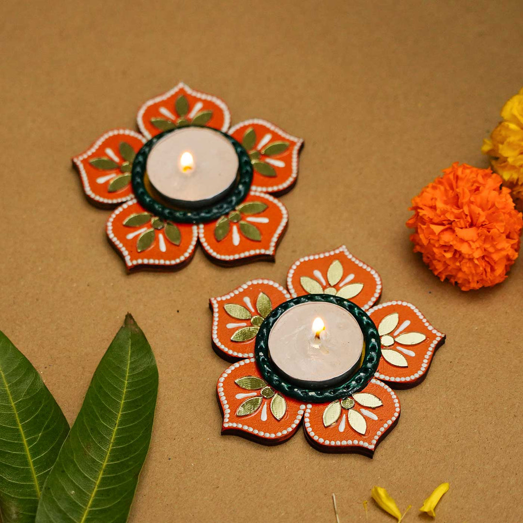 Handmade Orange 5 Petal Mdf Wood Tealight Holder | Set of 2