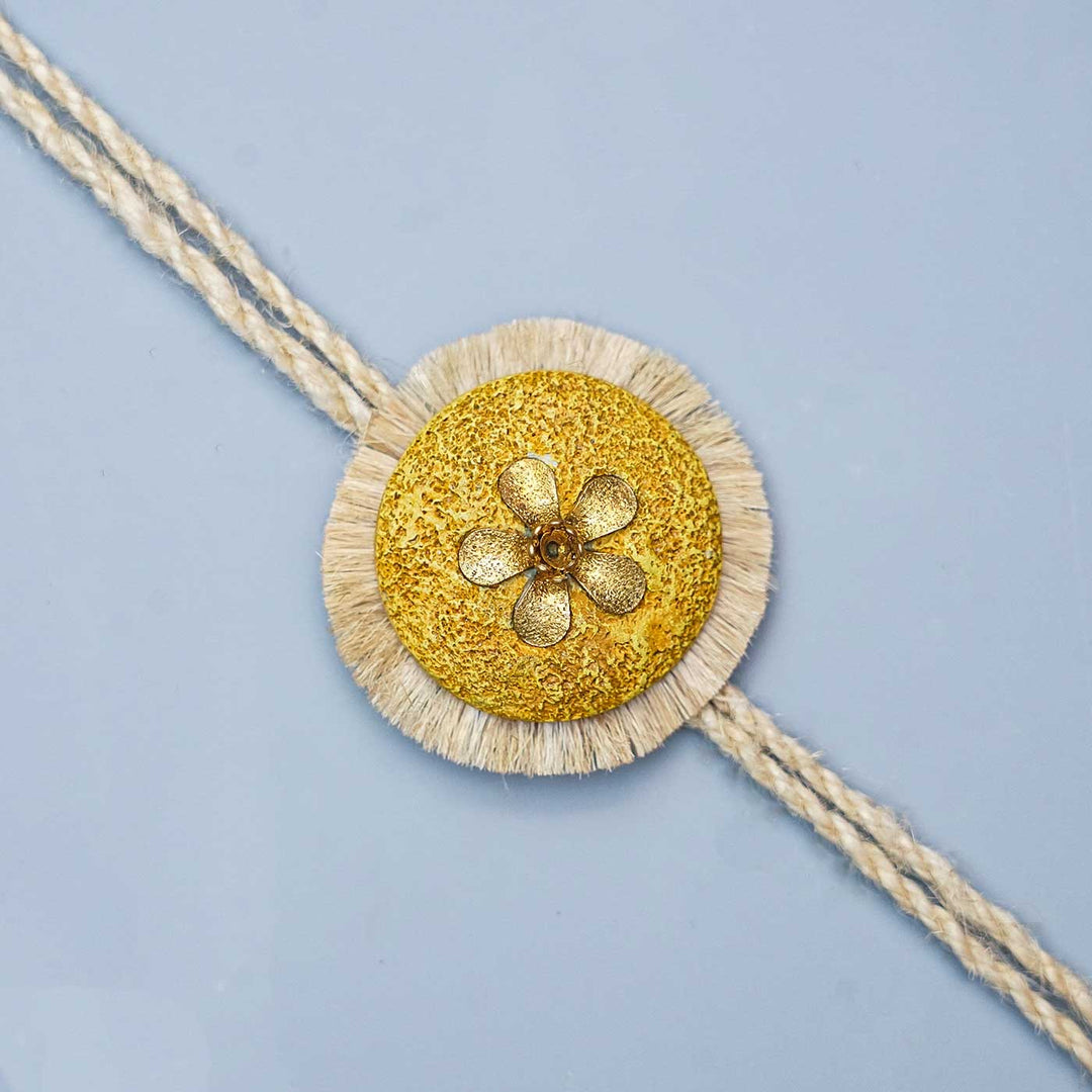 Handmade Papier Mache Gold Floral Rakhi With Roli Chawal