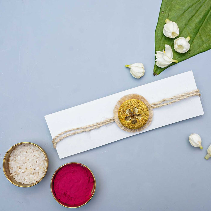 Handmade Papier Mache Gold Floral Rakhi With Roli Chawal