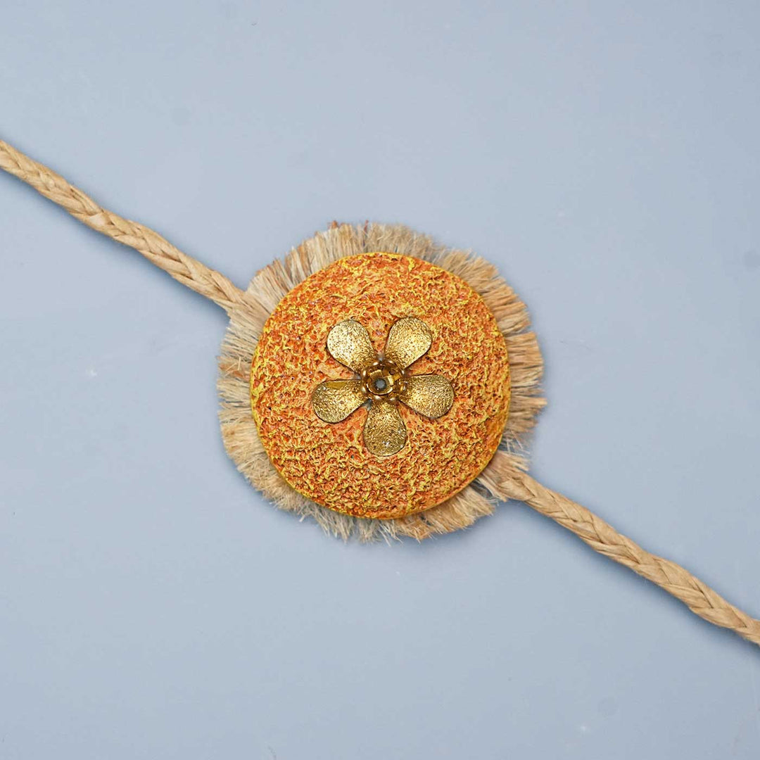 Handmade Papier Mache Antic Orange & Gold Floral  Rakhi With Roli Chawal