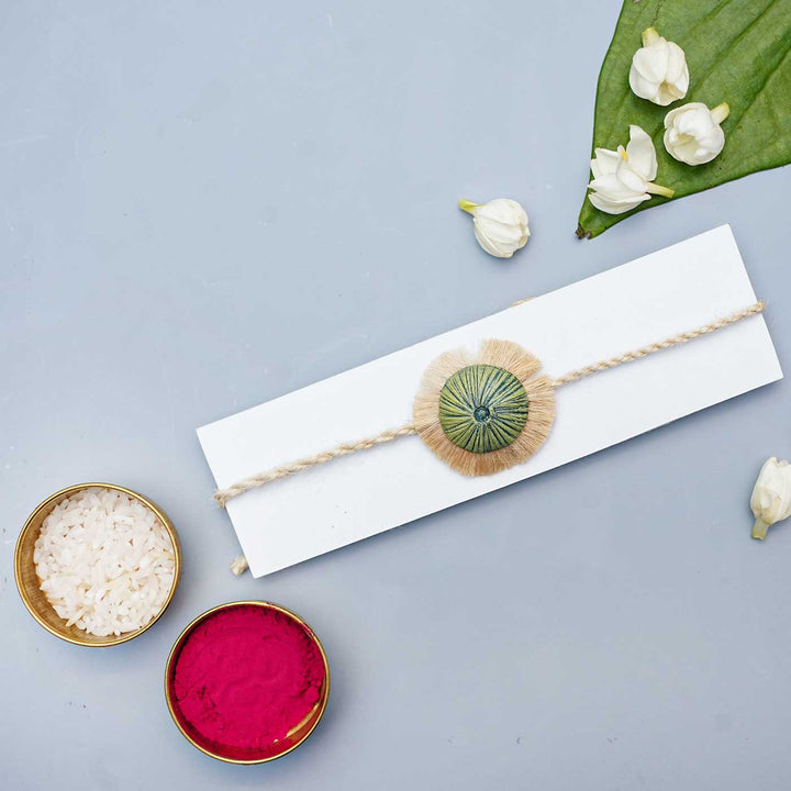 Handmade Papier Mache Green with Rustic Flower Rakhi With Roli Chawal