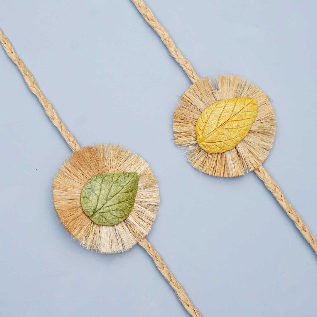 Handmade Papier Mache Yellow & Green Leaf  Rakhi With Roli Chawal | Set of 2