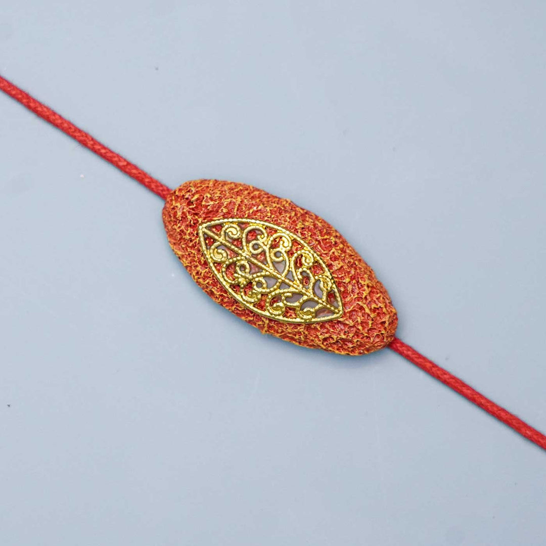 Handmade Papier Mache Naquashi Red Rakhi With Roli Chawal