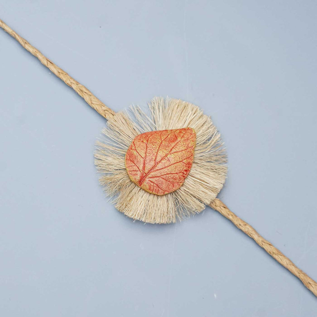 Handmade Papier Mache Leaf  Rakhi With Roli Chawal