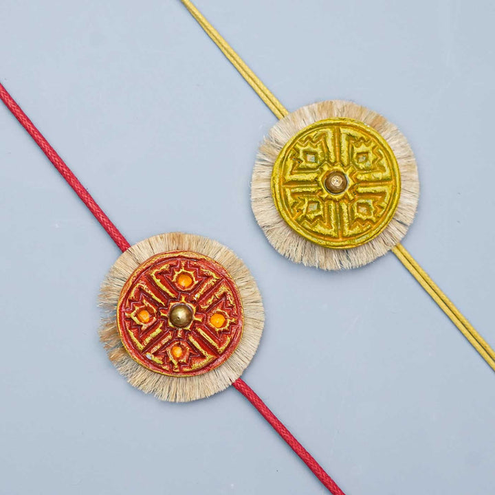 Handmade Papier Mache Red & Yellow Swastika Rakhi With Roli Chawal | Set of 2