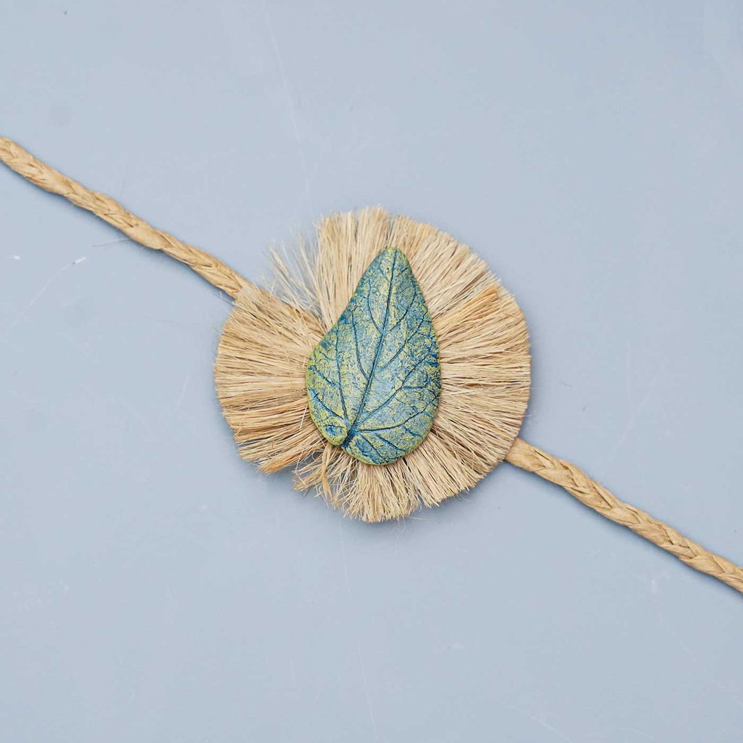 Handmade Papier Mache Leaf  Rakhi With Roli Chawal