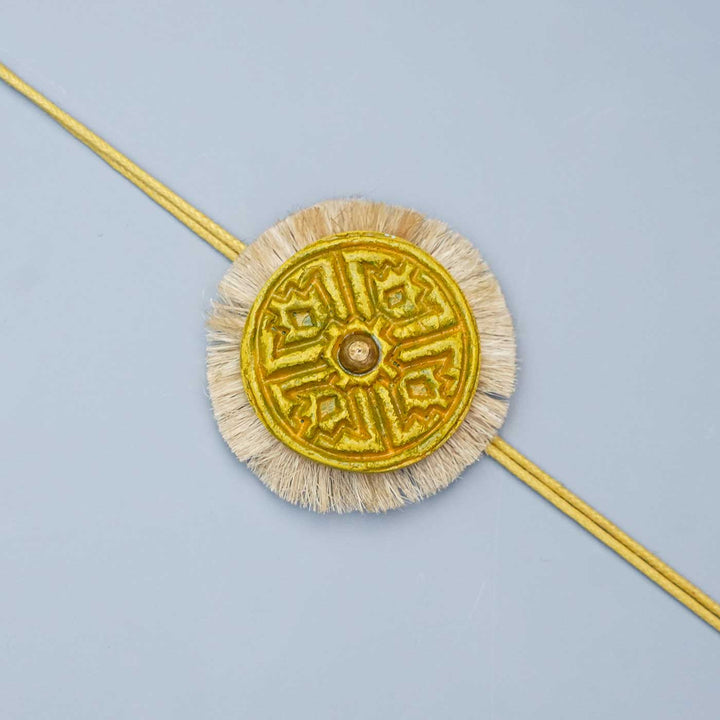 Handmade Papier Mache Swastika with Yellow Thread Rakhi With Roli Chawal