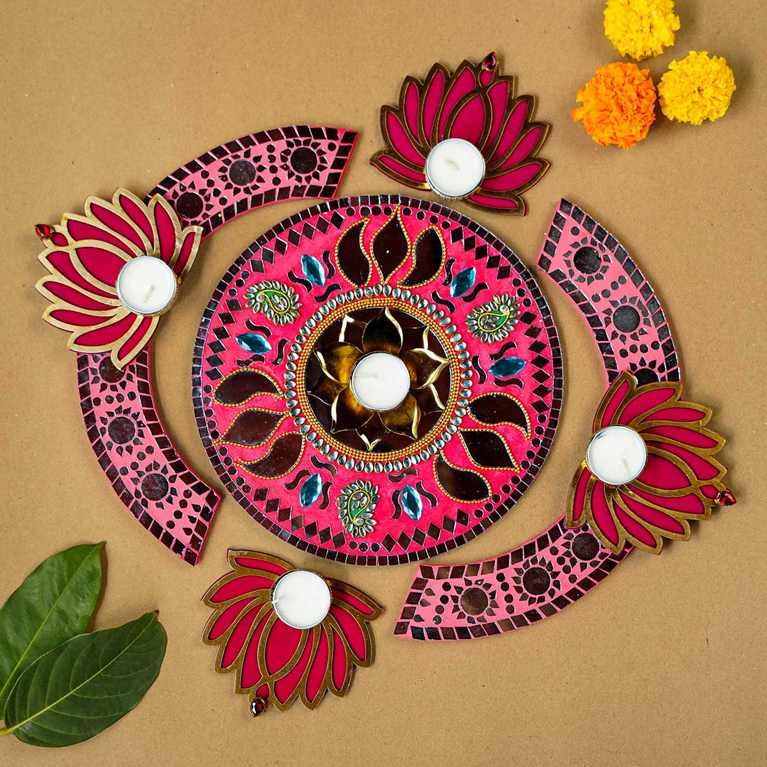 Handmade Pink Mosaic Rangoli Decor Set | Set Of 8