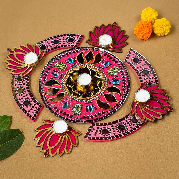 Handmade Pink Mosaic Rangoli Decor Set | Set Of 8