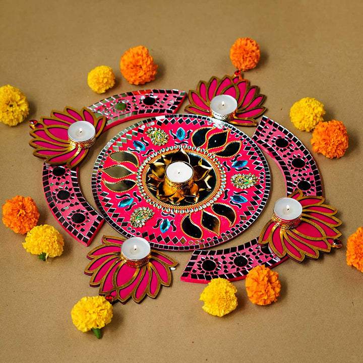 Handmade Pink Mosaic Rangoli Decor Set | Set Of 8