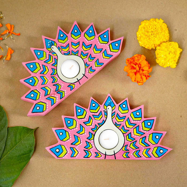 Handmade Pink Peacock Wooden Tealight Holder | Set Of 2