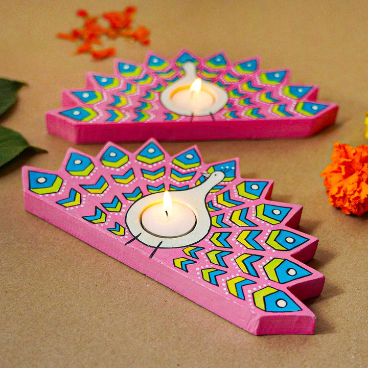 Handmade Pink Peacock Wooden Tealight Holder | Set Of 2