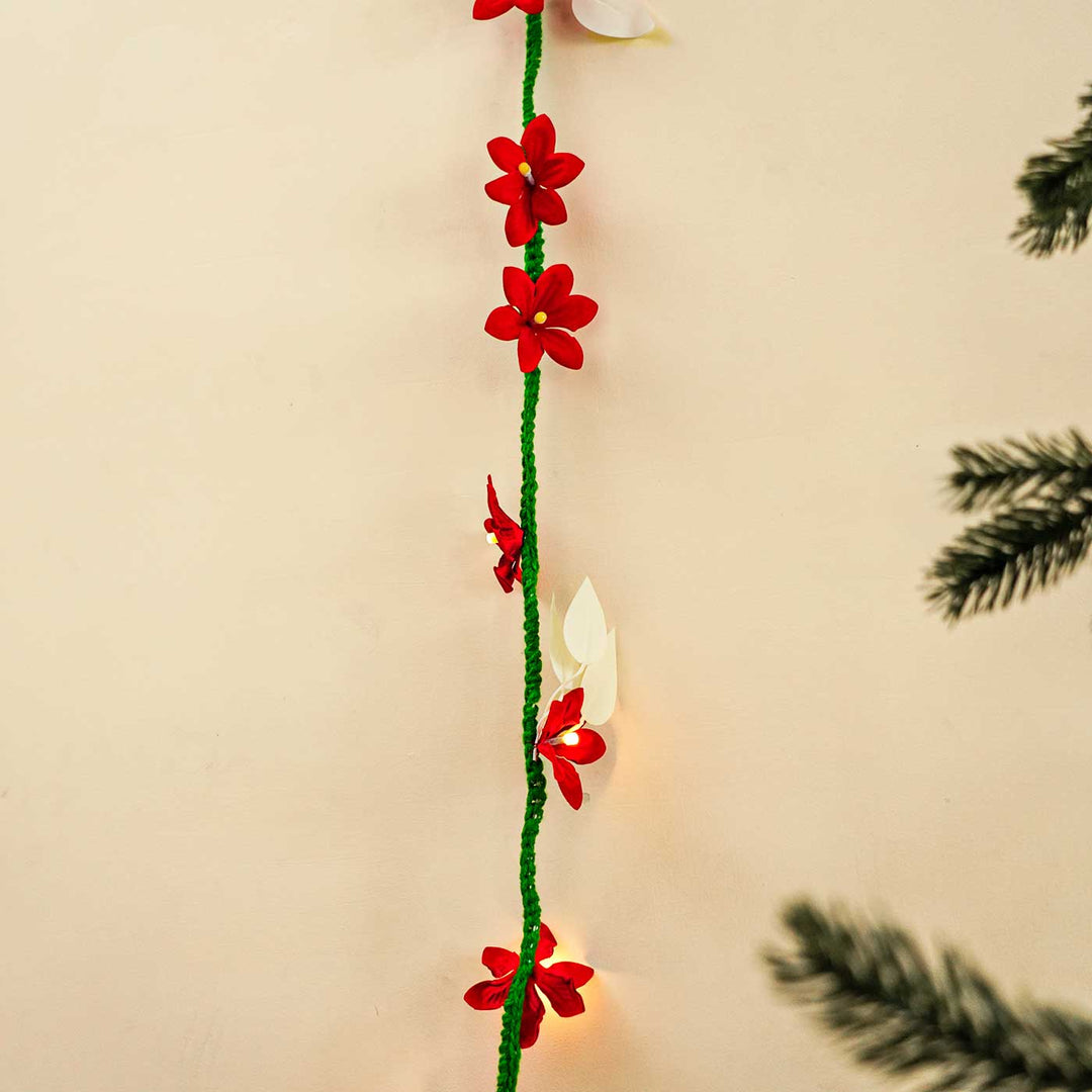 Handmade Red Flower Woolen Fairy Lights For Christmas Decoration