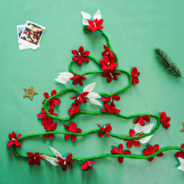 Handmade Red Flower Woolen Fairy Lights For Christmas Decoration