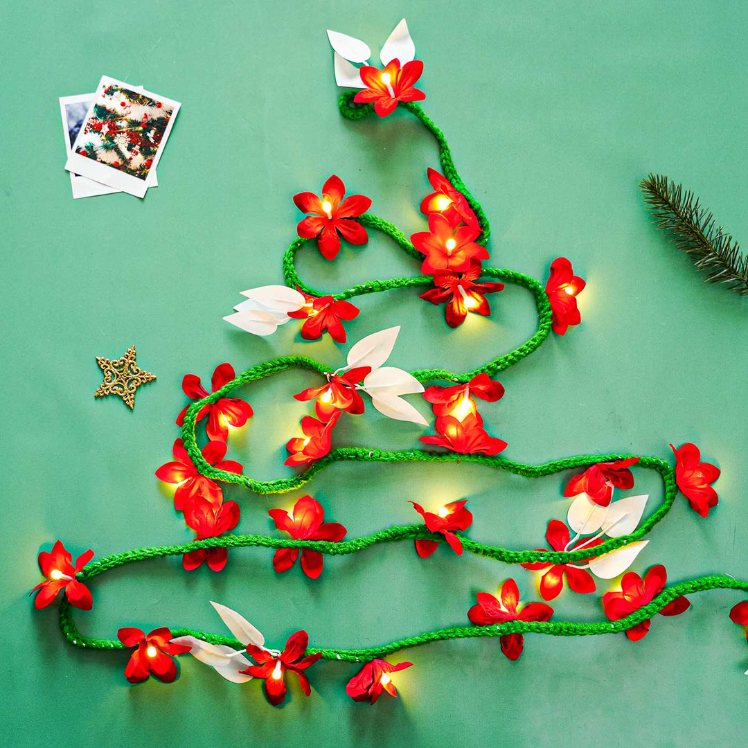 Handmade Red Flower Woolen Fairy Lights For Christmas Decoration