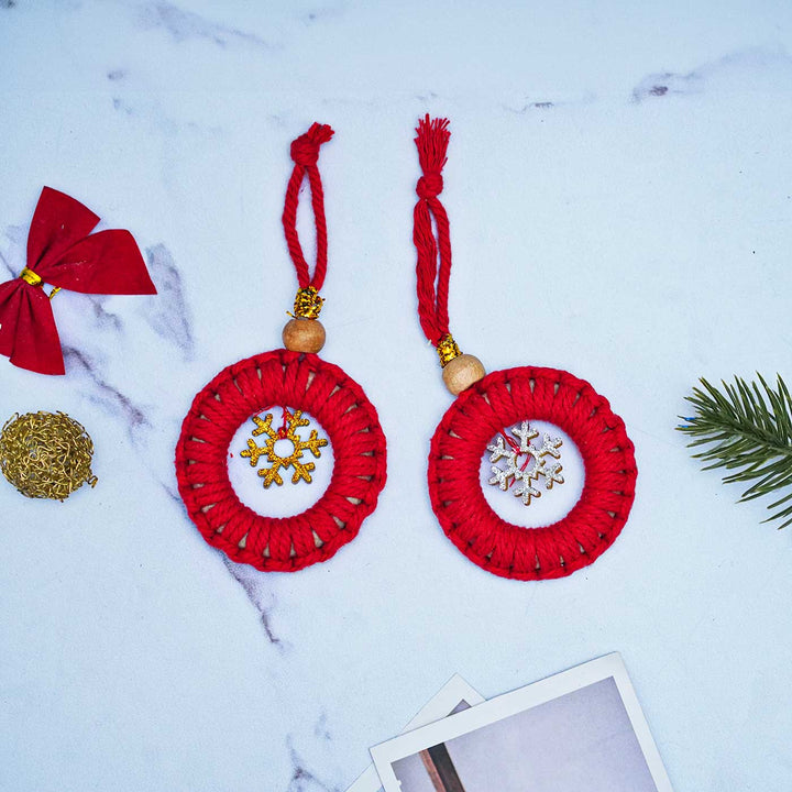 Handmade Red Macrame Ornaments With Bell For Christmas Tree Decoration | Set Of 2