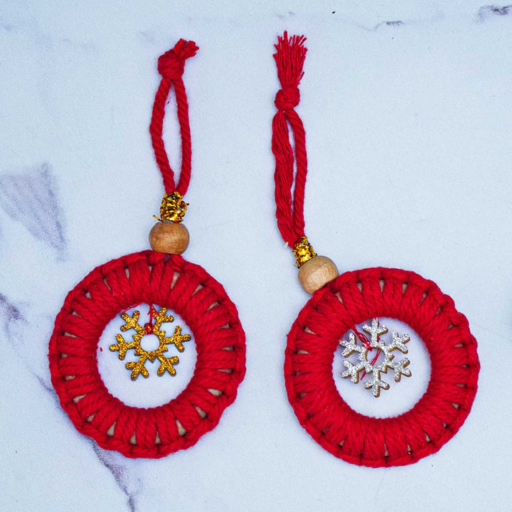 Handmade Red Macrame Ornaments With Bell For Christmas Tree Decoration | Set Of 2