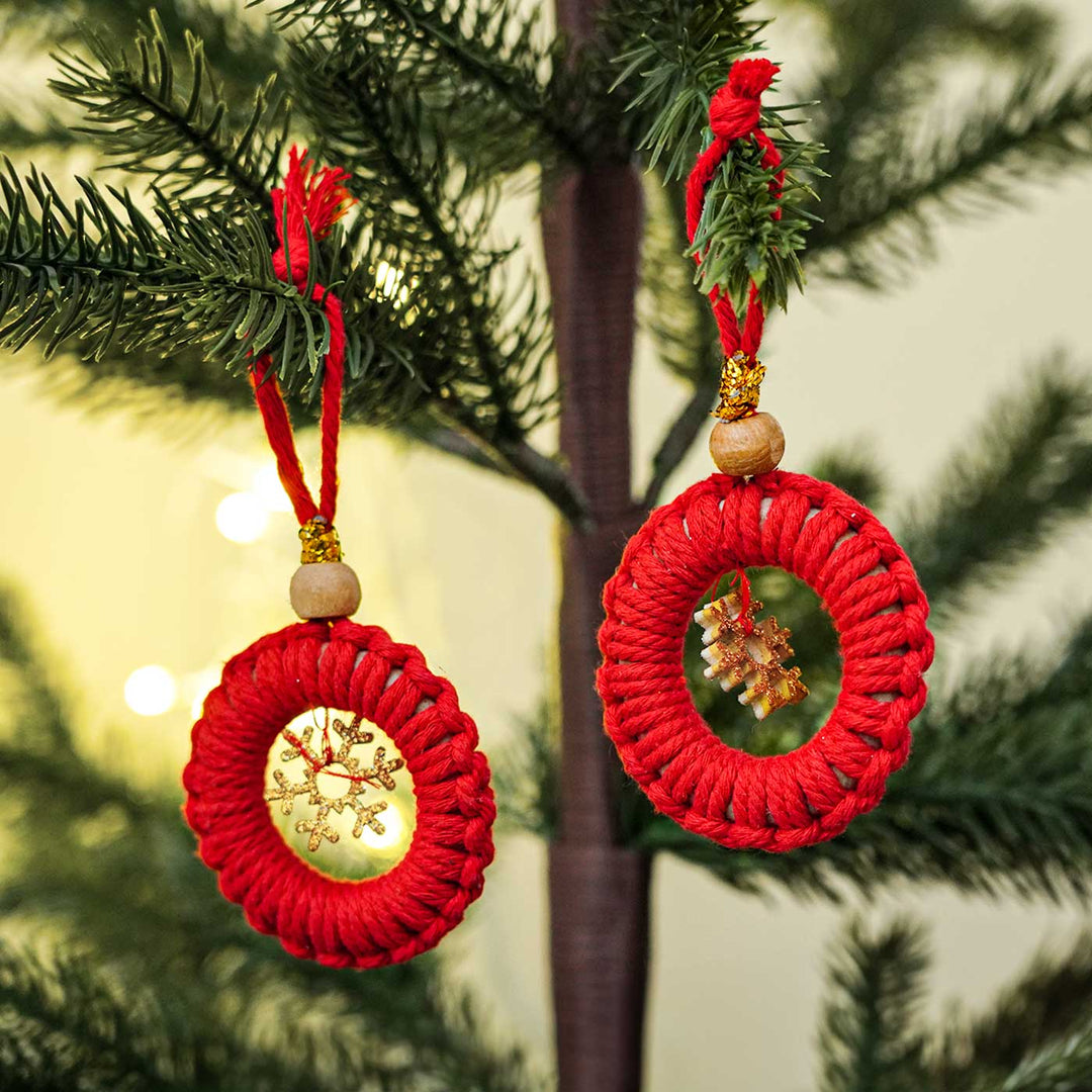 Handmade Red Macrame Ornaments With Bell For Christmas Tree Decoration | Set Of 2