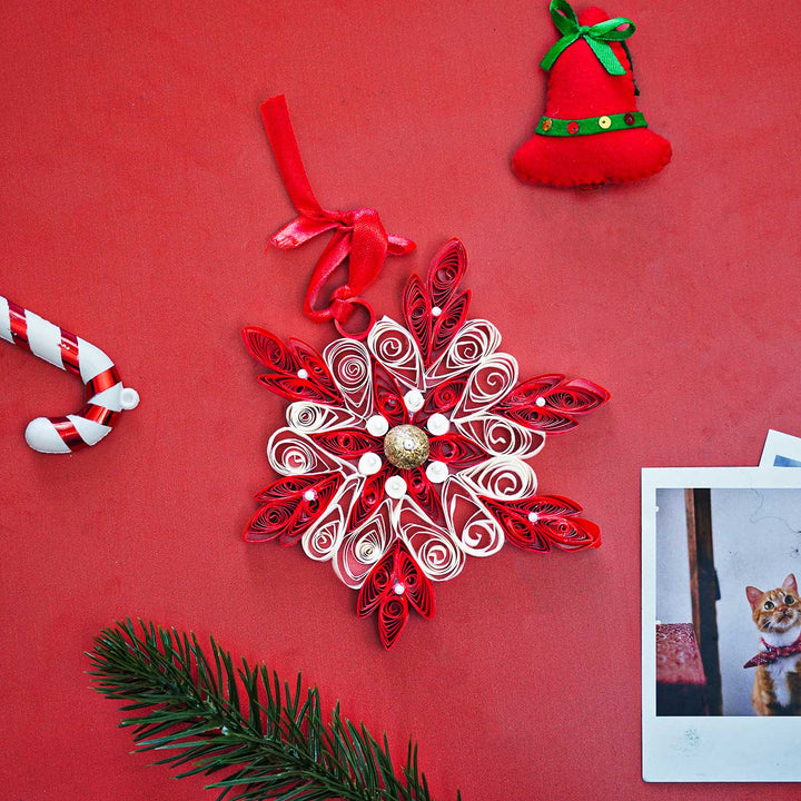 Handmade Red Snowflake Paper Quilling Ornament For Christmas Tree Decoration