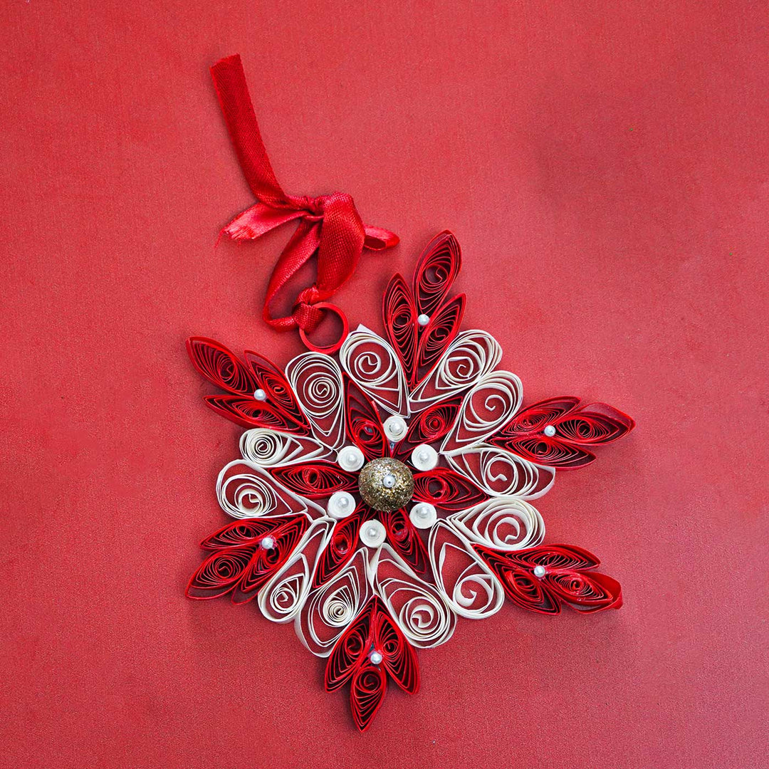 Handmade Red Snowflake Paper Quilling Ornament For Christmas Tree Decoration