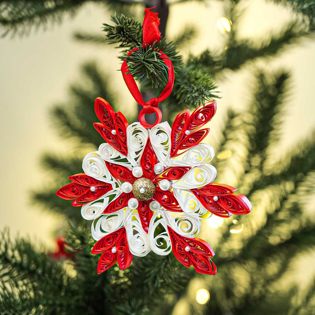 Handmade Red Snowflake Paper Quilling Ornament For Christmas Tree Decoration