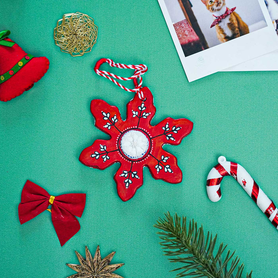 Handmade Red Snowflake Terracotta Ornaments For Christmas Tree Decoration