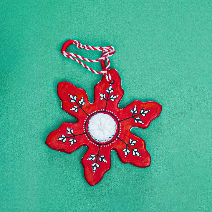 Handmade Red Snowflake Terracotta Ornaments For Christmas Tree Decoration