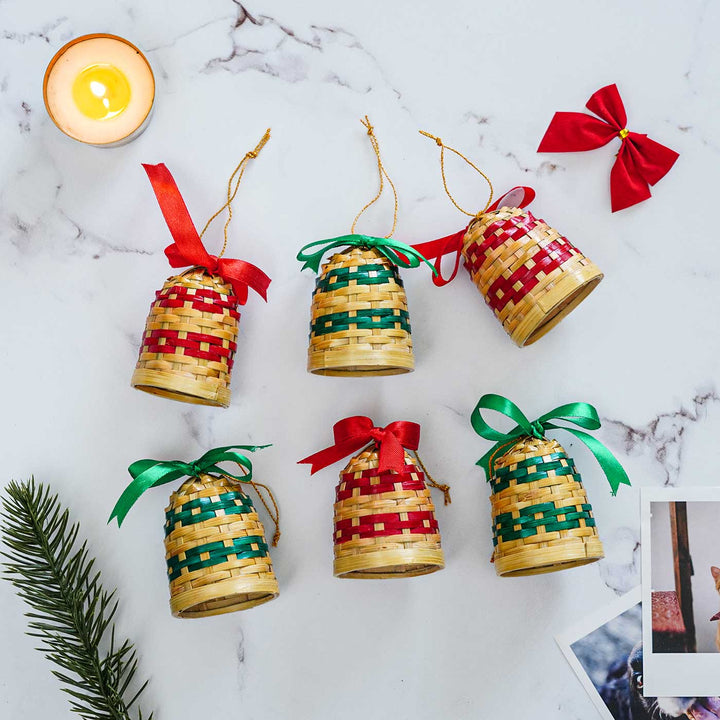 Handmade Red & Green Basket Bamboo Ornaments For Christmas Tree Decoration | Set Of 6