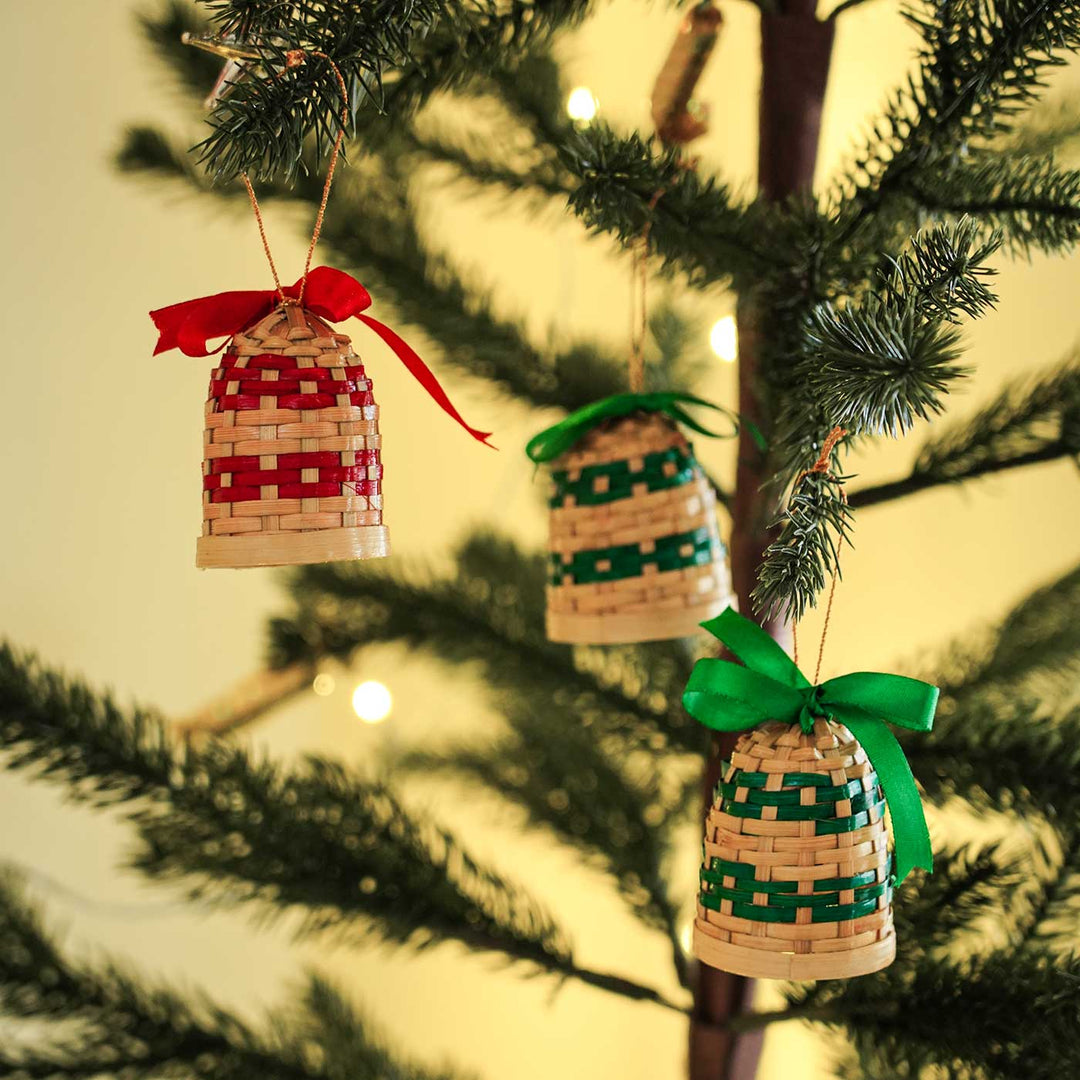 Handmade Red & Green Basket Bamboo Ornaments For Christmas Tree Decoration | Set Of 6