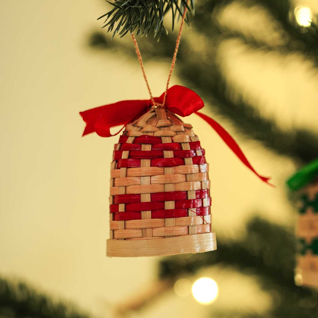 Handmade Red & Green Basket Bamboo Ornaments For Christmas Tree Decoration | Set Of 6