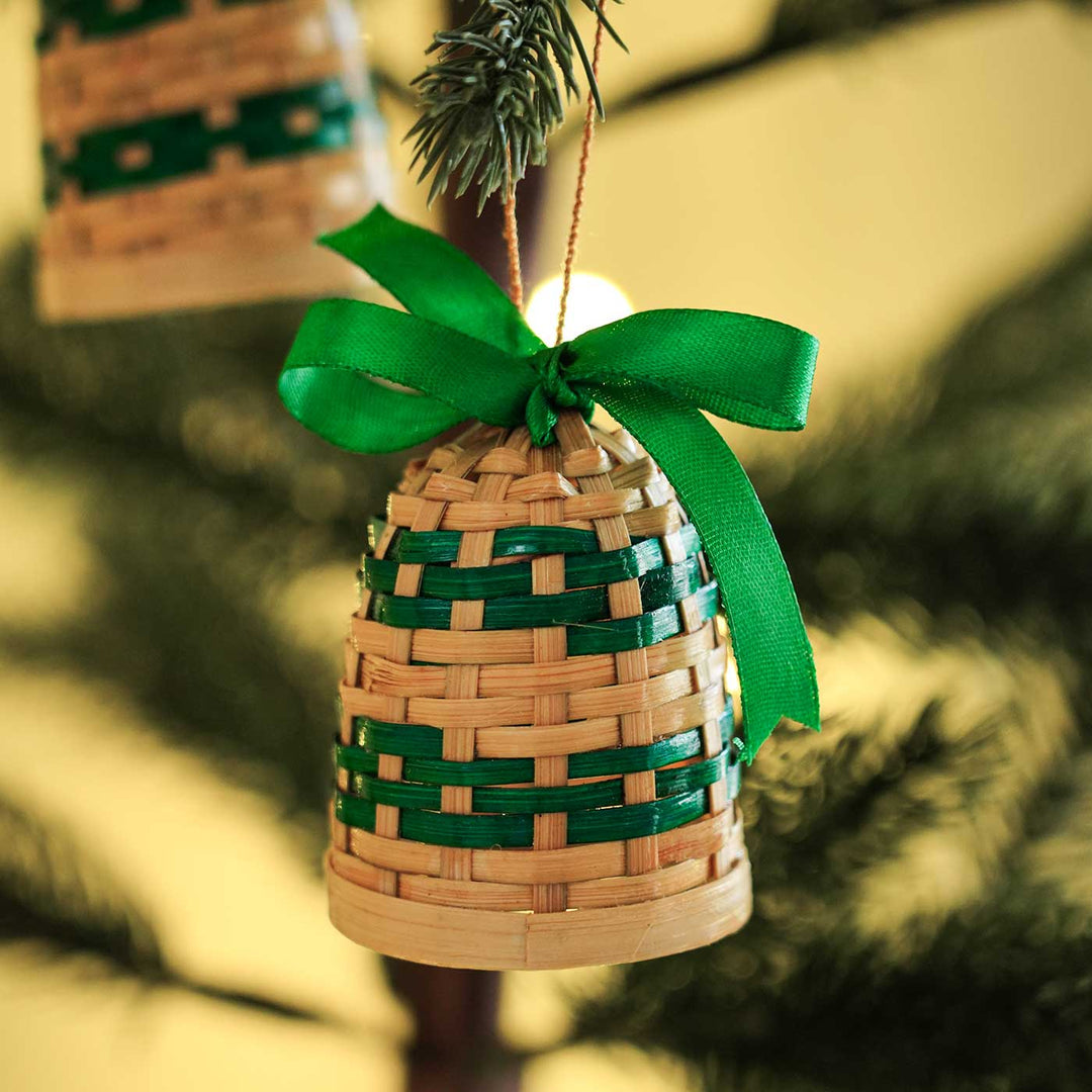 Handmade Red & Green Basket Bamboo Ornaments For Christmas Tree Decoration | Set Of 6