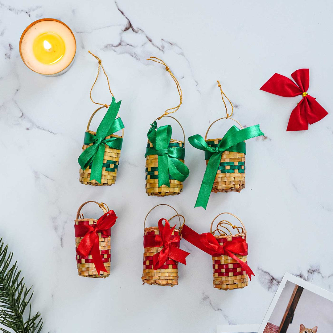 Handmade Red & Green Small Basket Bamboo Ornaments For Christmas Tree Decoration | Set Of 6