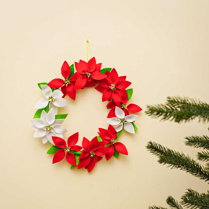 Handmade Red & White Felt Floral Wreath For Christmas Door Decoration