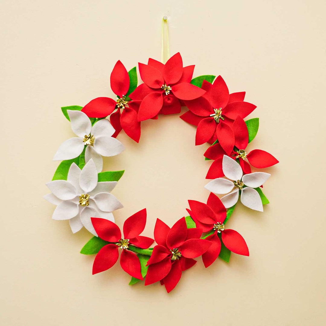 Handmade Red & White Felt Floral Wreath For Christmas Door Decoration