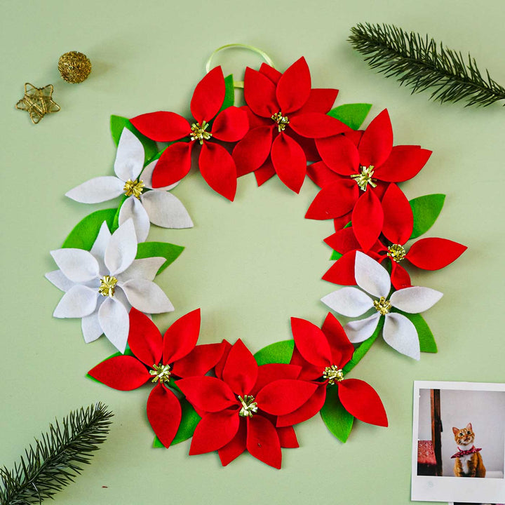 Handmade Red & White Felt Floral Wreath For Christmas Door Decoration