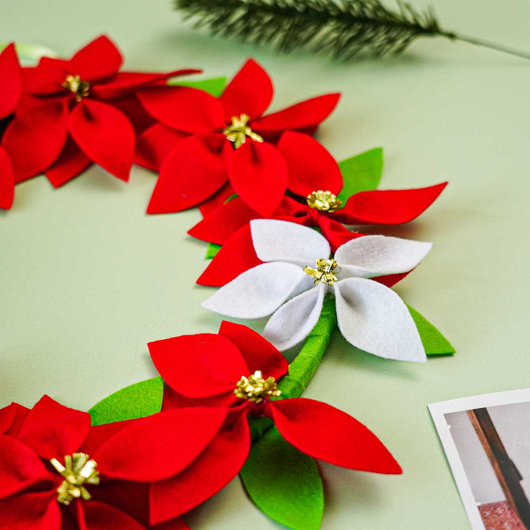 Handmade Red & White Felt Floral Wreath For Christmas Door Decoration