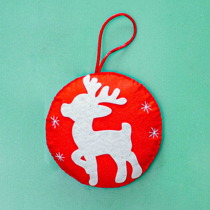 Handmade Red & White Reindeer Felt Ornament For Christmas Tree Decoration