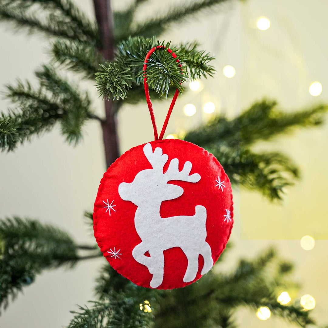 Handmade Red & White Reindeer Felt Ornament For Christmas Tree Decoration