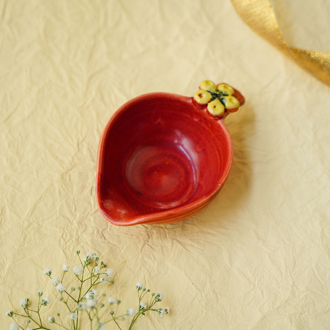 Handmade Red Crimson with Flower Ceramic Oil Lamp / Diya | Set of 4