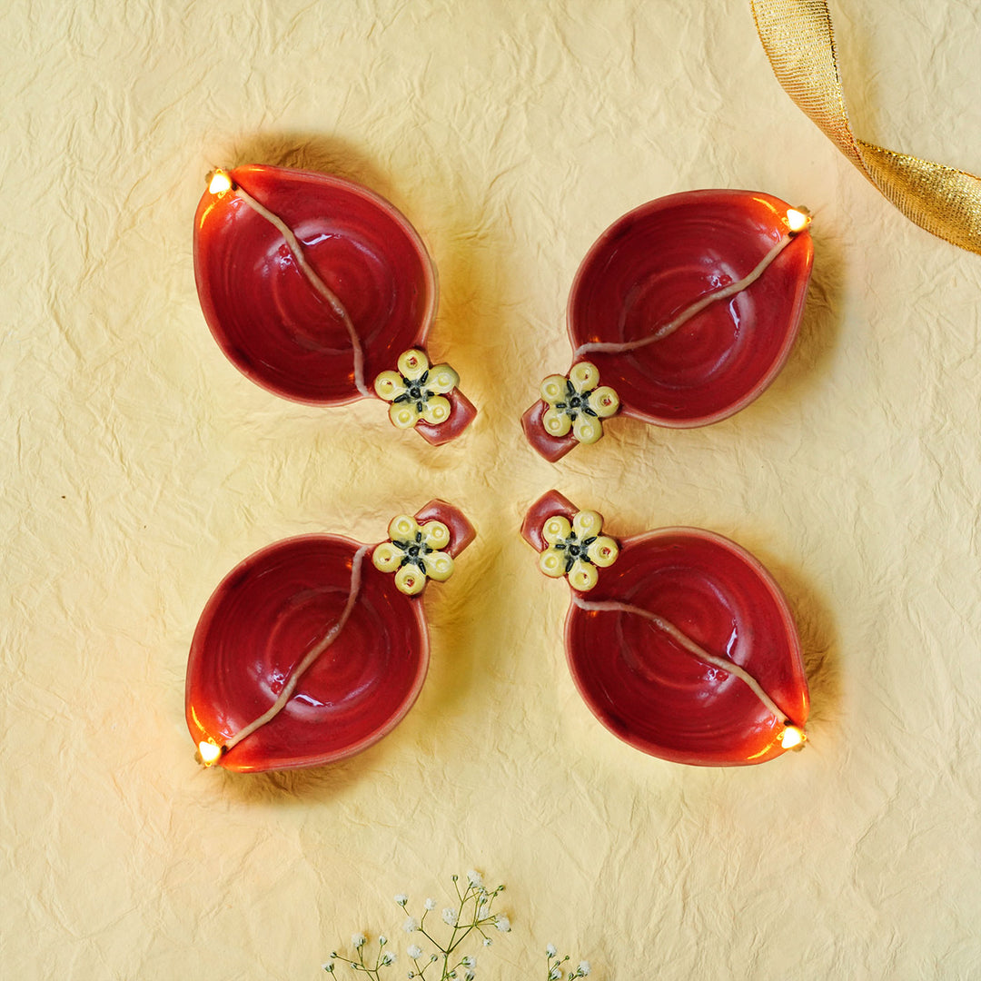 Handmade Red Crimson with Flower Ceramic Oil Lamp / Diya | Set of 4