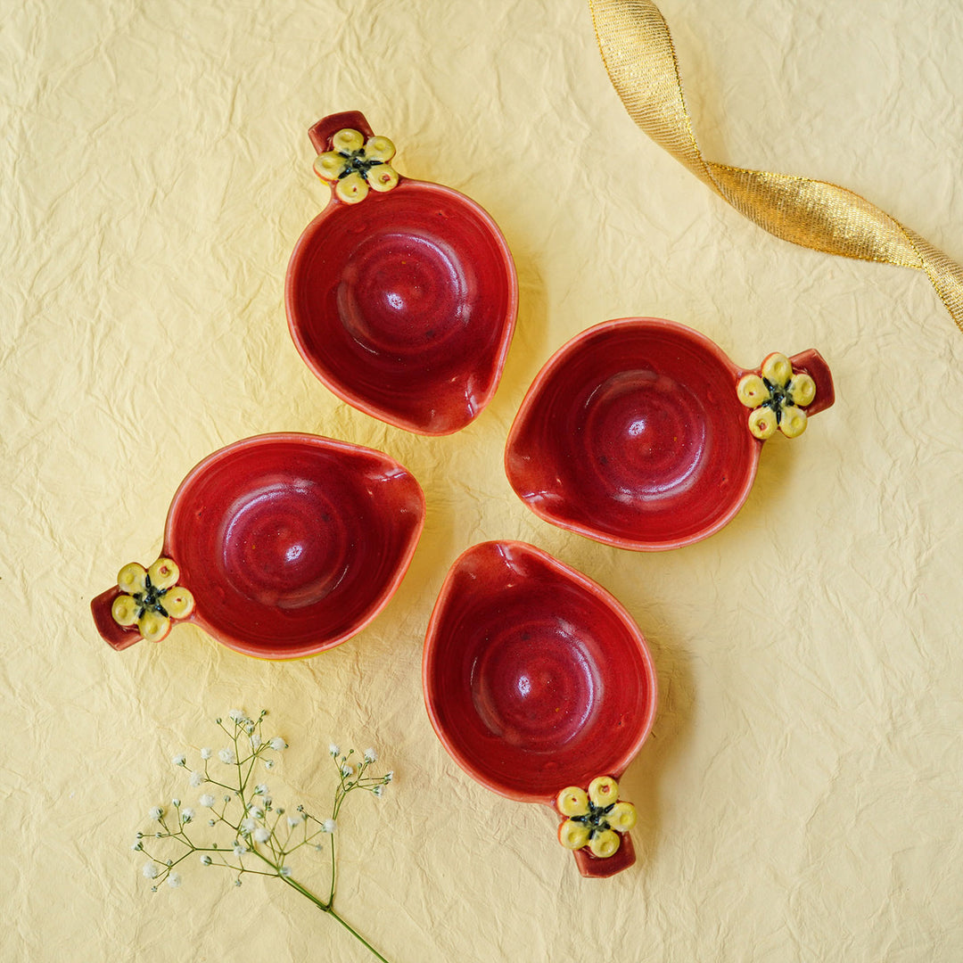 Handmade Red Crimson with Flower Ceramic Oil Lamp / Diya | Set of 4