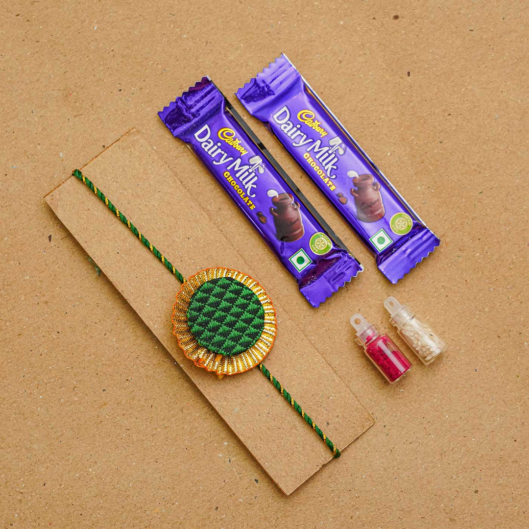 Handmade Round Khan Silk Rakhi With Chocolates & Roli Chawal