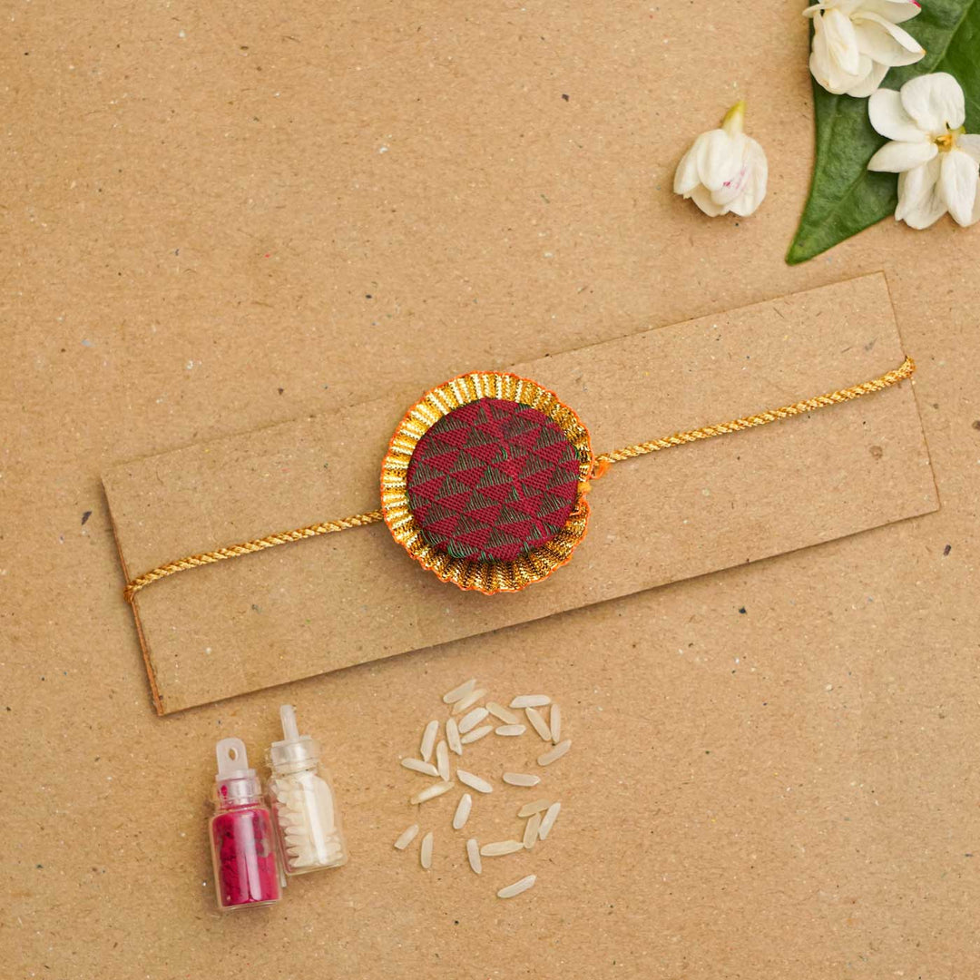 Handmade Round Khan Silk Rakhi With Chocolates & Roli Chawal